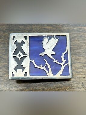 Silver Eagle Belt Buckle Blue Stained Glass LightWing Studio Lester